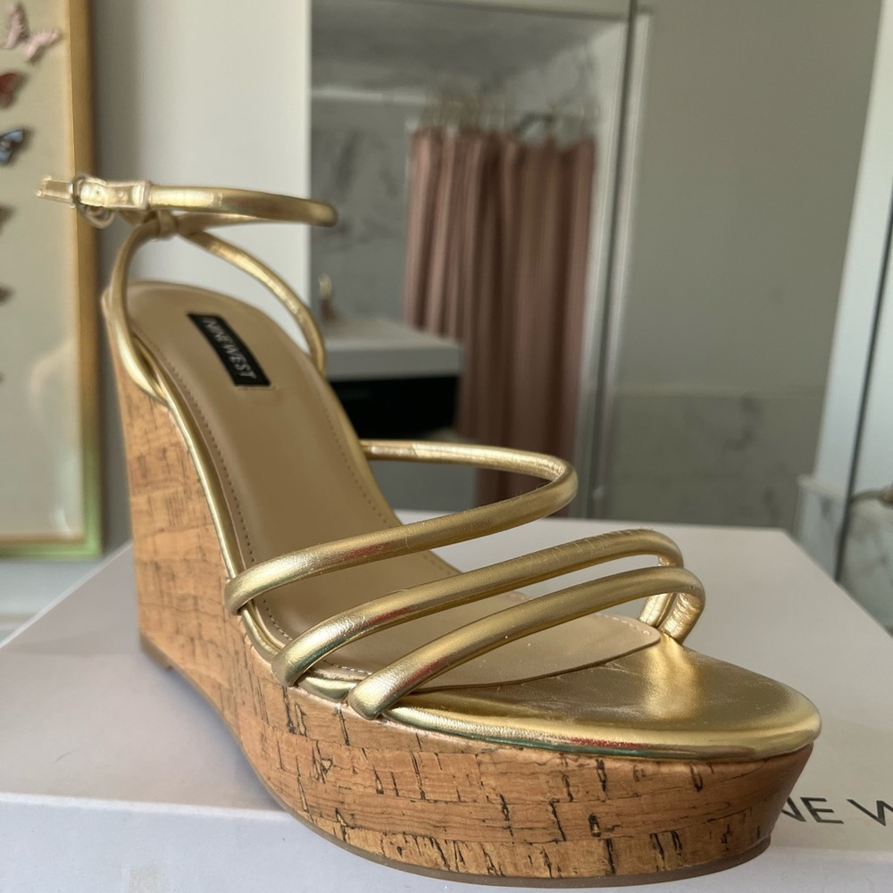 Gold Wedge Shoes with Cork Platform